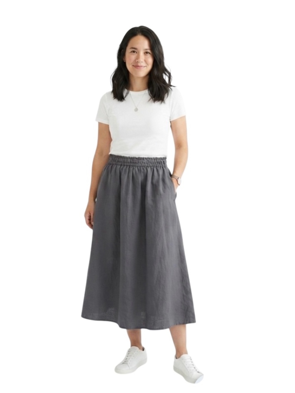 MUJI 100% Linen Midi Skirt XS Gray Elastic Waist Lagenlook Minimalist Streetwear